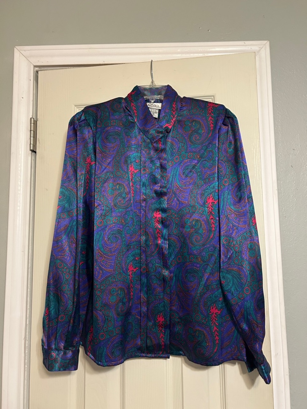 Vintage Nicola purple green mandarin pleat blouse